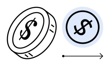 Dolar işaretli sikke, bir dairenin içinde basitleştirilmiş dolar işaretine dönüşüyor. Finans, takas, bankacılık, yatırımlar, tasarruflar, finansal büyüme, modern fintech kavramları için idealdir. Düz basit