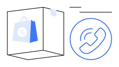 Bir küp içinde alışveriş torbası. Müşteri desteğini sembolize eden çalan bir telefon ikonu ile eşleştirilmiş. Perakende, lojistik, e-ticaret, müşteri hizmetleri, satış, iletişim, daire için ideal