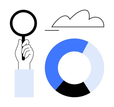 Bulut ve pasta grafiğinin yanında el ele tutuşan büyüteç, analizi, araştırmayı, veriyi, keşfi, problem çözmeyi, bulut depolamayı, modern teknolojiyi sembolize ediyor. İş analitik eğitimi için ideal