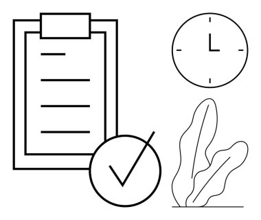 Kontrol listeli pano, zaman yönetimini temsil eden saat ve minimalist bitki dekoru. Üretkenlik, planlama, organizasyon, verimlilik, zaman yönetimi hedefi iş akışını belirlemek için idealdir. Düz