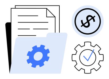 Belgeler, verimliliği ve görev tamamlamayı vurgulayan vites sembolleri ve operasyonel maliyet yönetimini temsil eden bir mali simge içeren klasör. İş akışı, finans ve verimlilik için ideal