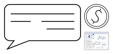 Konuşma balonu, grafikli analitik gösterge paneli ve dairesel finans ikonu. İletişim, analitik, finans, iş stratejisi, veri alışverişi kurumsal etkileşim sunumu için ideal. Düz
