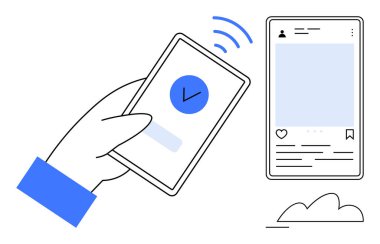 Diğer ekranda sosyal medya uygulaması arayüzüne doğru sinyal gönderen akıllı telefonlu bir el. İletişim, teknoloji, dijital etkileşim, mobil uygulama, veri transferi, çevrimiçi bağlantı için ideal