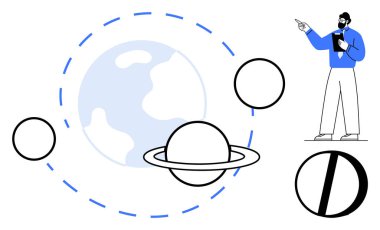 İnsanoğlu gezegen sistemini Dünya ile sunuyor, Satürn gezegeni, yörüngeleri ve diyagramları onaylıyor. Eğitim, astronomi, öğretim, evren, bilim alanı keşfi için idealdir.