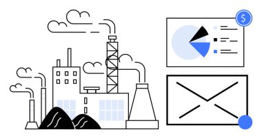Kömür yığınlarıyla duman yayan fabrika, pasta diyagramını gösteren veri tablosu ve iletişimi sembolize eden zarf. Endüstri, kirlilik, ekonomi, finans, iletişim enerjisi stratejisi için ideal. Düz