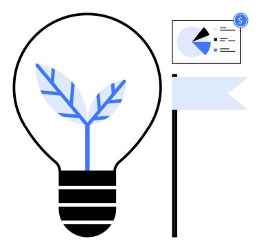 Gelişen yapraklı ampul yenilik ve sürdürülebilirliği simgeliyor. İlerleme ve strateji için finansal tablo ve bayrak eşleştirildi. Ekolojik yenilik, yeşil enerji ve iş büyümesi için ideal