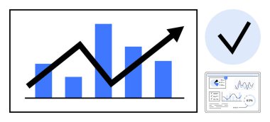 Çizelgede yükselen ok, analitik gösterge paneli ve işaret sembolü. Büyüme, iş stratejisi, veri analizi, pazar eğilimleri, performans artışı için ideal, finansal başarı sade