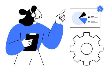 İstatistik tablosuna işaret eden panosu olan müşteri desteği uzmanı. Vites simgesi süreç optimizasyonunu sembolize eder. İletişim, analitik, iş akışı, iş stratejisi, verimlilik için ideal