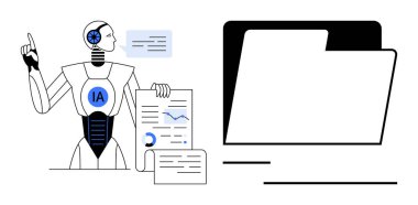 Belgeleri yöneten yapay zeka robotu, grafikleri analiz eden, açık bir dijital klasörün yanındaki verileri işleyen. Otomasyon için ideal, veri analizi, yapay zeka entegrasyonu, dijital depolama, iş akışı iyileştirme, teknoloji