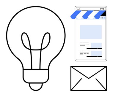 Akıllı telefon ve zarflı ampul yenilik, online iletişim, e-posta, e-ticaret ve dijital pazarlama öneriyor. Yaratıcılık, iş dünyası, ağ oluşturma, ekommerce markalaşması için ideal