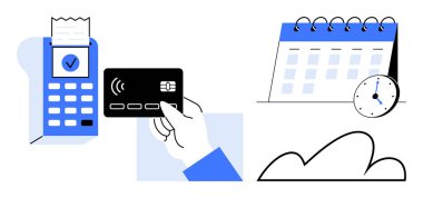 Parmak izi makbuzu olan bir terminalin yanında bir ödeme kartı tutuyor. Yakın takvim, saat ve soyut şekiller programı, teslim tarihlerini ve basitliği sembolize eder. Ödeme, finans, zaman yönetimi için ideal