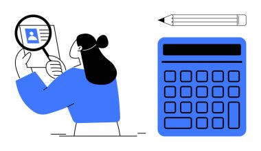 Büyüteç, hesap makinesi ve kalem altındaki kullanıcı profilini analiz eden bir kadın. İşe alım, insan kaynakları, araştırma, veri, planlama, iş odakları için ideal. Düz basit metafor