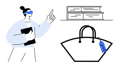 Arttırılmış gerçeklik gözlüğü kullanan biri bir yığın kitabı ve fiyat etiketli bir çantayı işaret ediyor. Perakende yenilik için ideal, alışveriş teknolojisi, sanal denemeler, eğitim araçları, gelecekçi