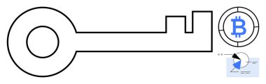 Bitcoin amblemi ve kripto para birimi güvenliğini, engelleme teknolojisini ve veri analizini temsil eden analitik çizelgeye bitişik büyük anahtar. Finans, Bitcoin, güvenlik, teknoloji için ideal