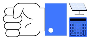 Mavi hesap makinesi ve yenilik, hesaplama ve yenilenebilir enerji taşıyan güneş panelinin yanında kapalı bir yumruk. Sürdürülebilirlik, finans, yeşil teknoloji, eğitim, planlama, verimlilik takım çalışması için ideal