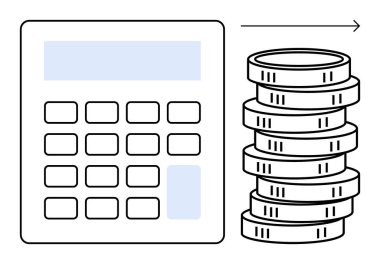 Yükselen eğilimi gösteren oklu bozuk para yığınının yanında hesap makinesi. Finans, bütçe, karlılık, ekonomik büyüme, gider takibi, yatırım, muhasebe düz metaforu için ideal