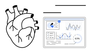 Veri gösterge panelinin yanında anatomik kalp çizimi grafikleri ve analitik görüşleri gösteriyor. Sağlık, bilim, tıbbi araştırma, teknoloji, tanı, yenilik için ideal düz metafor