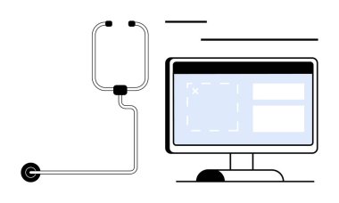 Dijital sağlık araçlarını sembolize eden bilgisayar ekranına steteskop yerleştirilmiş. Teletıp, uzaktan bakım, sağlık izleme, tıbbi gelişmeler, tanı, yenilik, düz metafor için ideal