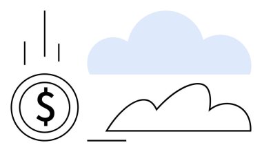 Para iki bulutun yanına iniyor, finansal yatırımı, veri depolamayı ve dijital teknolojiyi sembolize ediyor. Finans, bulut hesaplama, yenilik, maliyet tasarrufu, gelecekteki ağlar için ideal