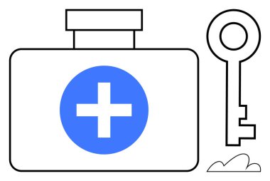 Mavi haç odaklı ilk yardım çantası, basit bir bulut aksanının yakınındaki erişimi, güvenliği ve çözümleri simgeleyen klasik anahtar. Sağlık, acil durum, güvenlik, erişim, çözüm minimalizmi için ideal