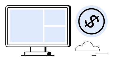 Dolar işareti çemberinin ve küçük bulut aksanının yanındaki bilgisayar ekran düzeni. Finans, teknoloji, web tasarımı, yatırımlar, dijital pazarlama, e-ticaret, analitik için ideal. Düz basit metafor