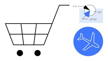 Pasta grafikli alışveriş arabası, analitik veriler ve uçak ikonu. E-ticaret, piyasa analizi, lojistik, perakende trendleri, küresel ticaret tedarik zinciri tüketici davranışları için idealdir. Düz basit metafor