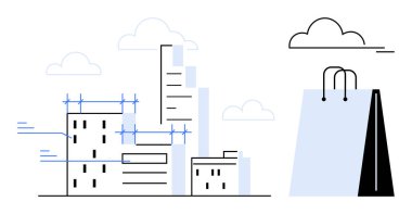 Gökdelenler ve inşaat halindeki binalar ve alışveriş çantasının yanındaki iskeleler. Kentsel gelişim, perakende sektörü, tüketim, modernlik, ticaret, mimari, yaşam tarzı için idealdir. Asgari
