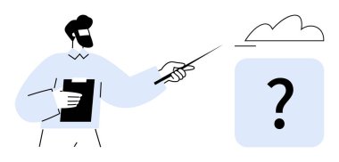 Bulutun yakınındaki bir kutunun içindeki soru işaretini gösteren bir erkek figürü. Eğitim, iletişim, beyin fırtınası, yenilik, karar verme, problem çözme, iş stratejisi için idealdir. Düz basit metafor