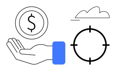 El, bir hedef ve bulut resimlerinin yanında dolar tutar. Finans, strateji, hedef belirleme, yatırım, iş büyümesi, planlama ve düz basit metaforlu odaklanma kavramları için idealdir