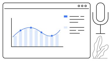 Çizgi grafiği, veri detayları ve mikrofonu olan etkileşimli bir panel. Analiz için ideal, konuşma tanıma, yapay zeka entegrasyonu, veri görselleştirme, modern UI tasarımı, iş verimliliği düzlüğü