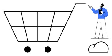 Minimalist şebeke tasarımlı büyük bir alışveriş arabası elinde mavi pano tutan bir adam, bulut destekleyici yenilik. Çevrimiçi alışveriş, perakende satış, analitik, lojistik, e-ticaret, veri yönetimi için ideal