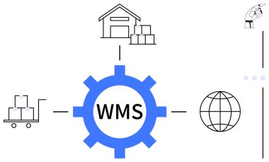 Depoya bağlı WMS etiketli merkezi dişli, paketli el arabası, nakliye vinci ve dünya. Lojistik, tedarik zinciri, envanter yönetimi, küresel ticaret, teknoloji verimliliği için ideal