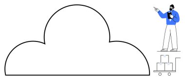 Büyük bulut şeklinde, elinde pano tutan bir işadamı, kutularla dolu bir arabanın yanında. Veri depolama, lojistik, planlama, takım çalışması, dijital çözümler, bulut hesaplama, düz basit