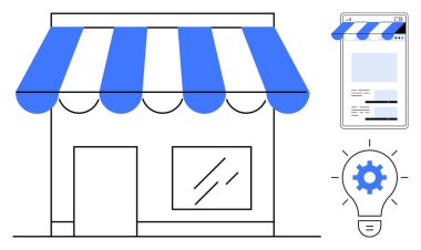 Çizgili güneşlikli mağaza önü, arayüzlü mobil ekran ve vitesli ampul perakende satış, e-ticaret ve yeniliği temsil ediyor. Ticari, girişim ve pazarlama stratejisi için ideal