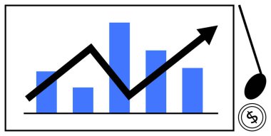 Yükselen bir kara ok ile ölçü grafiği büyümeyi, başarıyı ve eğilimleri sembolize eder. Madeni para simgesi finansal ilerlemeyi ön plana çıkarıyor. İş, kâr, ekonomi, pazarlama, analiz finans dairesi için ideal
