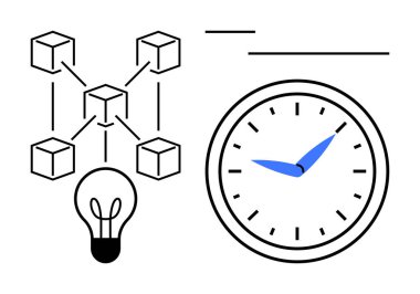 Blok zinciri bağlı bloklar, yenilik için ampul, zaman yönetimi için büyük saat. Teknoloji, yenilik, zaman tasarrufu, engelleme zinciri, gelecekteki fikirlerin verimliliği için ideal. Düz