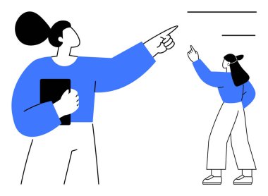 Asgari mavi ve siyah dizaynlı iki kadın bir hedefi işaret ediyor, odaklanmayı, liderliği ve işbirliğini simgeliyor. Takım çalışması, rehberlik, strateji, ilerleme, yenilik planlama dairesi için ideal