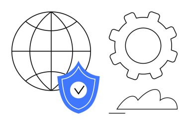 Küre ızgarası, işaretli kalkan, teçhizat ve siber güvenliği temsil eden bulut, küresel erişim, teknoloji operasyonları ve yenilik. Güvenlik ve bulut hesaplama teknolojisi için ideal internet