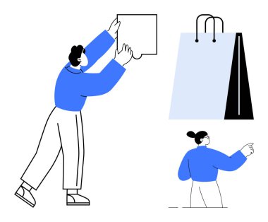 Elinde boş bir tahta, büyük bir alışveriş çantası, ileri bakan bir şahıs. Perakende satış, e-ticaret, promosyon, takım çalışması, iletişim hizmeti alışveriş temaları için ideal. Düz basit metafor