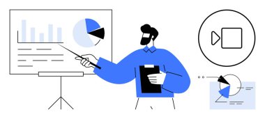 İş adamı verileri beyaz tahtada çizelge ve diyagramlarla açıklıyor, pano tutuyor ve bir video çağrı konsepti sunuyor. Sunum, iş stratejisi, eğitim ve analitik için ideal