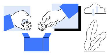 Eller B etiketli sikkeleri minimum bulut ve bitki çizgilerine karşı bir kutuya yerleştirir. Finans, tasarruf, kitle fonlama, bağışlar, kripto para birimi, yatırım, sürdürülebilirlik için ideal basit