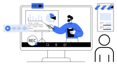 Profesyonel iş adamı grafikler, ekran kaydı ve ses araçlarıyla sanal bir sunum yapıyor. Uzak çalışma, eğitim, webinarlar, pazarlama, analiz ve teknoloji için ideal