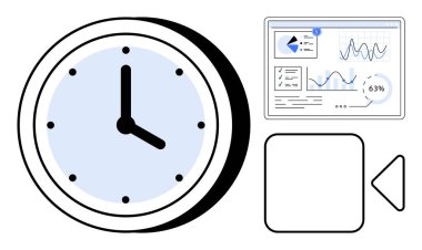 Saat, grafikli analitik gösterge paneli, oynat düğmesi ve veri takibini vurgulayan ortam paneli, zaman odaklı. Zamanlama, verimlilik, veri incelemesi, zaman planlama iş akışı verimliliği düzlüğü için ideal