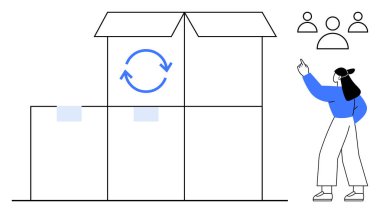 Kadın, izleyiciler izlerken geri dönüşüm sembollü kutuları istifleme yönünde hareket ediyor. Takım çalışması, sürdürülebilirlik, ambalaj, lojistik, geri dönüşüm, depo yönetimi, öğrenim kavramı için ideal