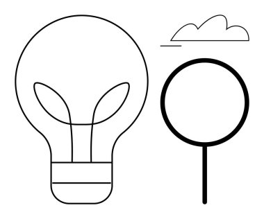 İçinde bitki yaprakları olan ampul, büyüteç ve yenilenebilir enerji, çevre bakımı ve çevre dostu yenilik içeren bulut. Sürdürülebilirlik, ekoloji ve yeşil teknoloji için ideal
