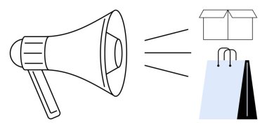 Karton kutu ve alışveriş çantasına ses dalgaları yansıtan megafon pazarlama stratejileri, reklamlar, promosyonlar, sosyal yardım, e-ticaret, perakende büyüme, tüketici iletişimini temsil ediyor. Basit.