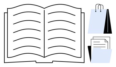 Eğitim ve bilginin merkezi olan açık bir kitap, ticareti simgeleyen bir alışveriş çantası ve organizasyon veya yönetime işaret eden belgeler. Eğitim, perakende, araştırma, yazma, ticaret ve öğrenim için ideal