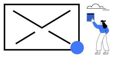 Kadın hesap makinesiyle büyük bir zarf simgesi ve bulut arasında etkileşim kuruyor. E- posta yönetimi, iletişim, dijital araçlar, takım çalışması, üretkenlik, strateji, düz basit metafor