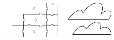 Yığılmış bulmaca blokları üst üste dizilmiş bulut şekilleriyle eşleştirilmiş bir piramit-başparmaklar yapısı oluşturuyor. Strateji için ideal, takım çalışması, büyüme, yaratıcılık, zorluklar, problem çözme, yenilik. Düz basit