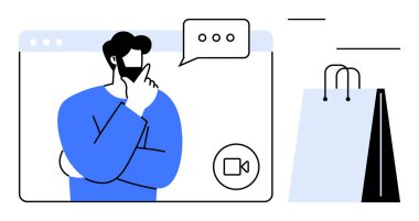 Video 'daki düşünceli adam yakınlardaki bir alışveriş torbasıyla ve konuşma balonuyla arayüzü arıyor. E-ticaret, online danışma, beyin fırtınası, sanal toplantılar, uzaktan alışveriş, karar verme, daire